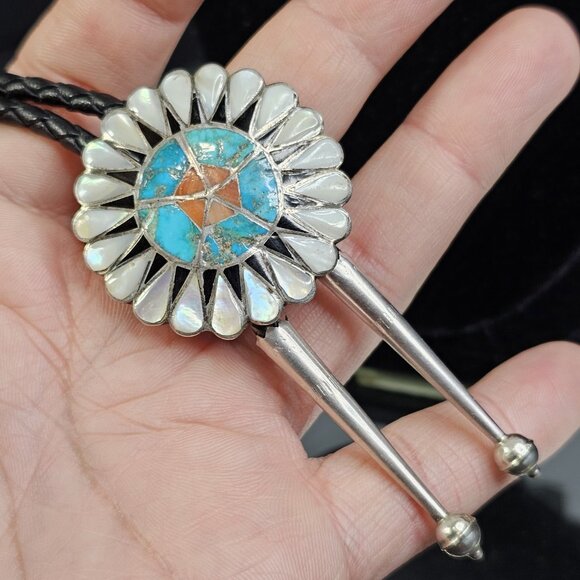 Zuni Sunface Inlay Turquoise Mother of PearlBolo Tie With Sterling Silver Tips - Picture 6 of 10